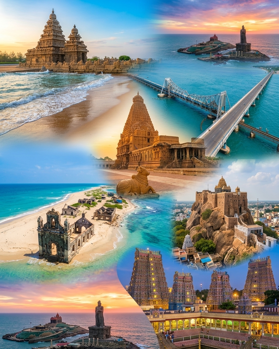 Tamil Nadu – “The Spiritual Horizon : A Timeless Pilgrimage Through Monumental Towers, Coastal Serenity and The Ultimate Confluence of Sacred Waters.”